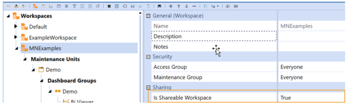 Yellow rectangle box on Sharing setting that is set to Is Shareable Workspace: True.